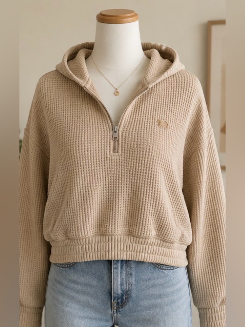 Limited Too Beige Waffle Knit Half-Zip V-Neck Hoodie Sweater